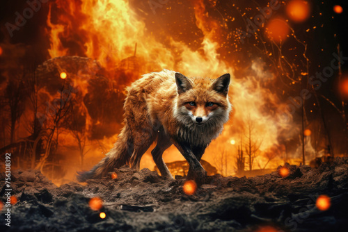 A red fox is standing in front of a fire in a forest, symbolizing the struggle of wildlife against environmental challenges