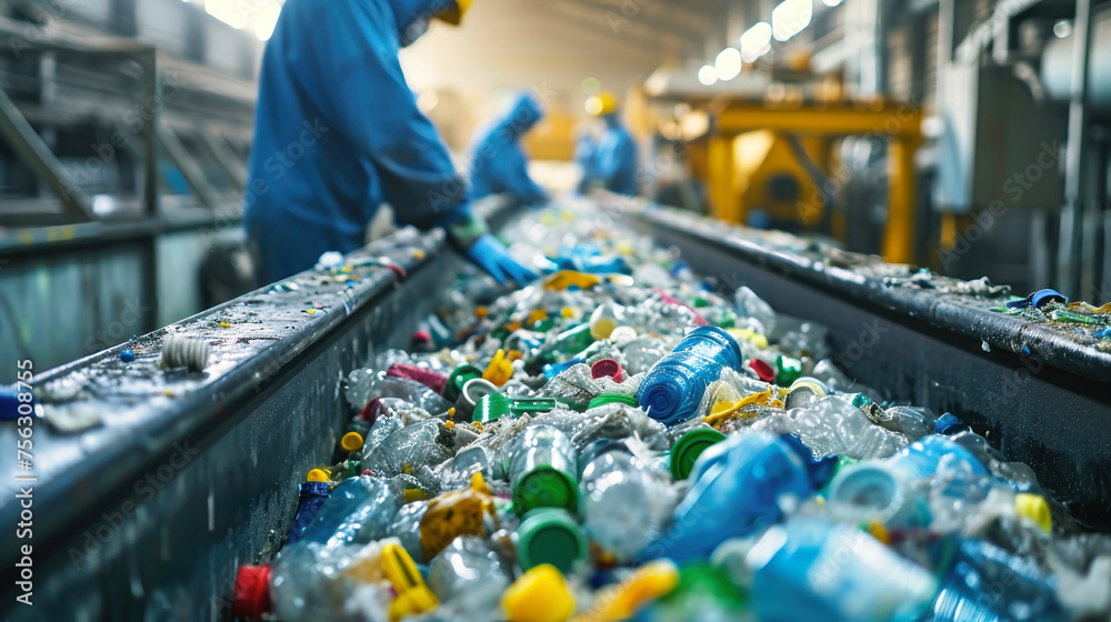 Conveyer Belt Filled With Plastic Bottles at Garbage Processing Plant Conveyer Belt Filled With Plastic Bottles at Garbage Processing Plant
