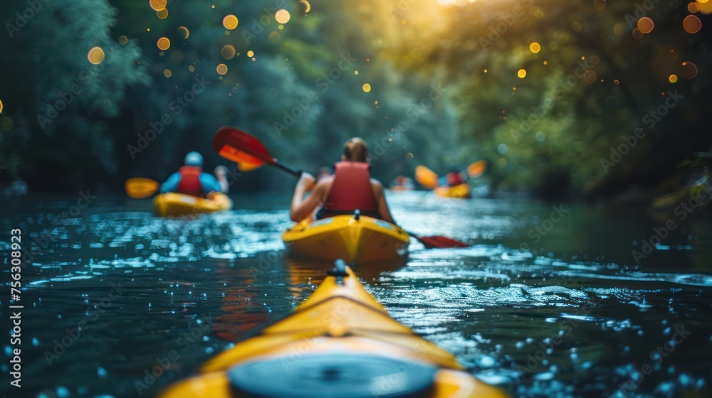 Photo of a gathering of cheerful people on a kayak.