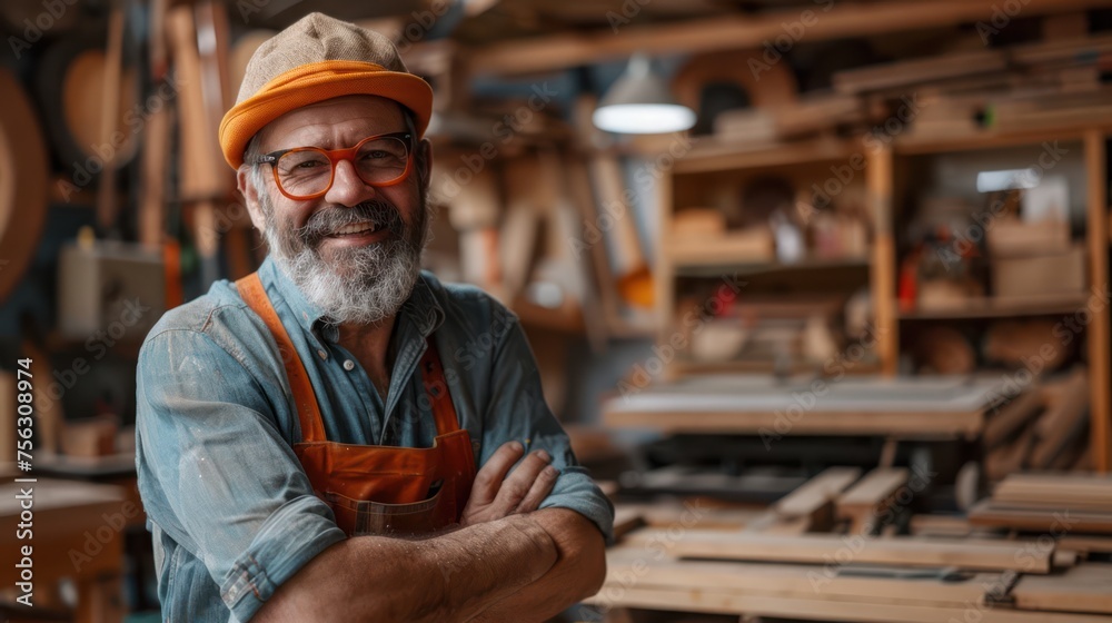 Photo of a happy carpenter at work standing at a carpentry workshop.