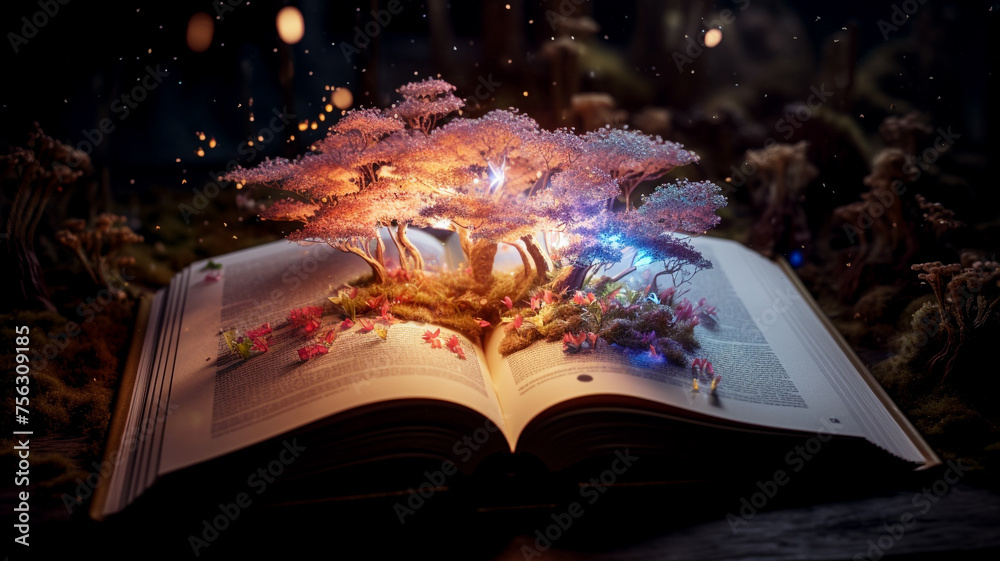 Obraz premium A magical book with amazing stories. Presenting a world of imagination miracle and the fascination within the pages of a book