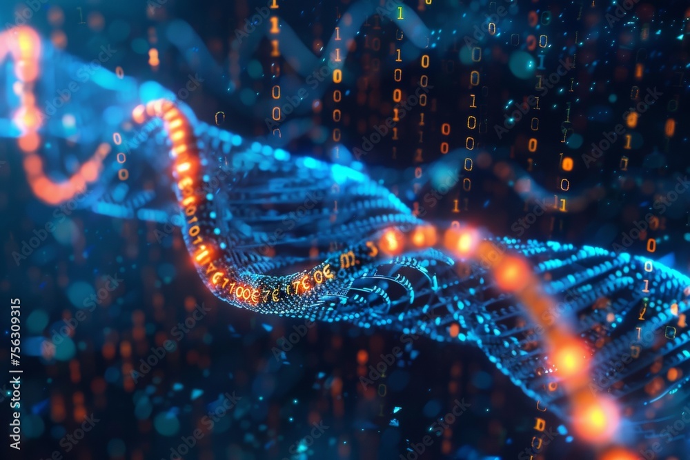 DNA molecules with binary code, 3d render, dark background DNA molecules with binary code, 3d render, dark background