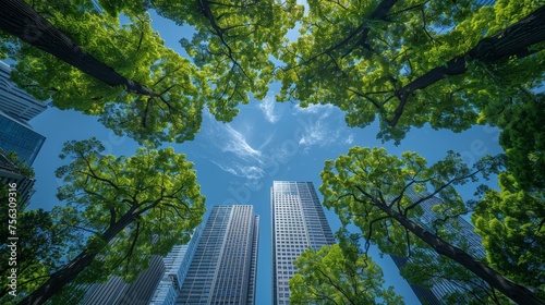 Taking in a panoramic view of modern city skyline in Shinjuku, Tokyo, Japan from above with blue sky and green tree.