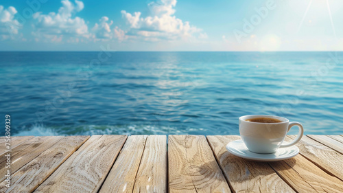 coffee cup on wooden table with sea view in the morning