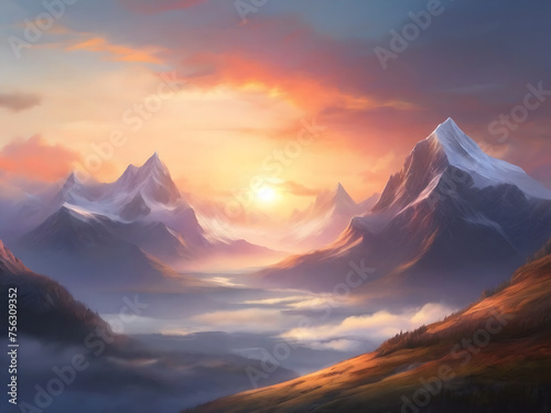 The sunset evening, In a snowy mountainous area