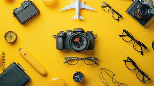 Photograph of toy airplane, camera, yellow round glasses