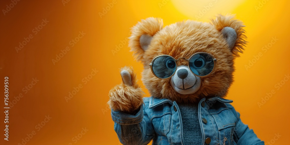 cute plush teddy bear in sunglasses and costume points finger at a copy space on a orange background cute plush teddy bear in sunglasses and costume points finger at a copy space on a orange background