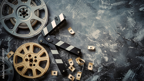 movie clapper and film reels copy space  filmmaking concept scene with dramatic lighting Modern video camera, movie clapper and reel on black background, flat lay. Space for text Generative Ai photo
