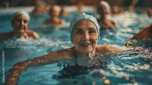 Group of elderly women exercising in water © Jang