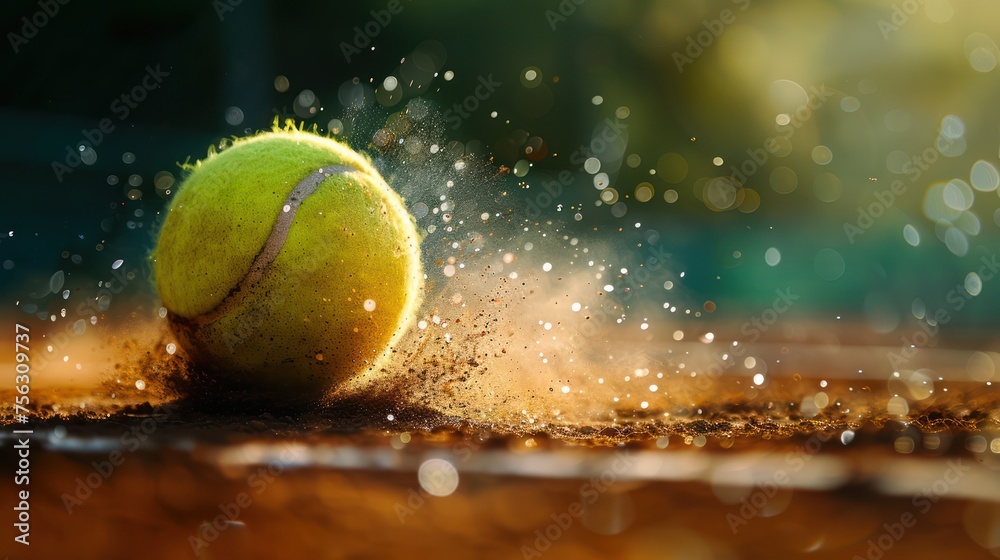 Tennis ball bouncing on a dirt tennis court, tennis court with dust splashing
