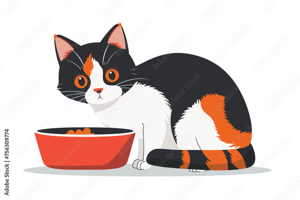 cat with bowl of food isolated vector style - obrazy, fototapety, plakaty 
