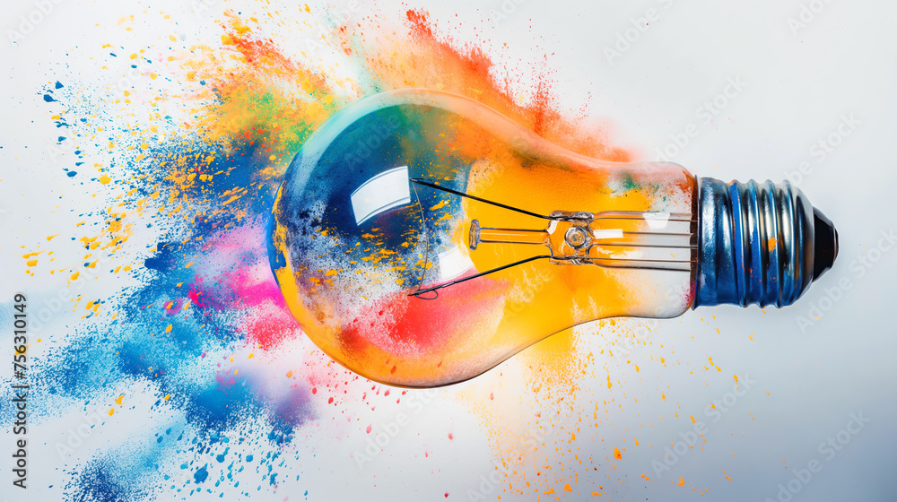 Light bulb exploding in a multitude of colors on white background Light bulb exploding in a multitude of colors on white background