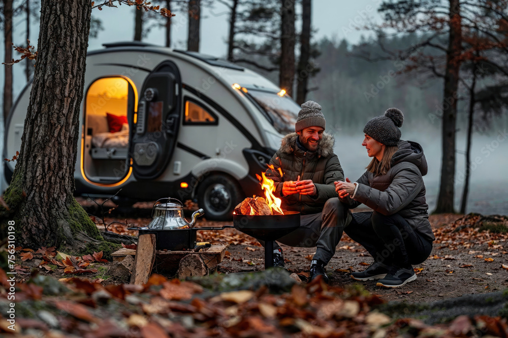 Engaging in a casual chat, a couple is seated by a campfire with their well-lit caravan providing a cozy backdrop in the woods