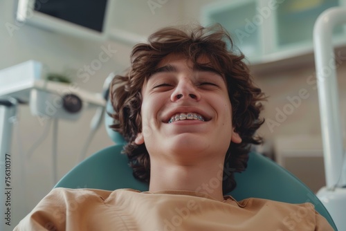 happy man with braces ,dentist treatment concept