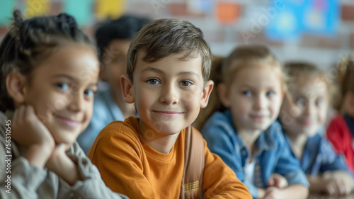 Happy children's group of multiracial sitting in classroom look at camera