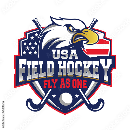 Field hockey logo and badge. Field hockey vector illustration. Field hockey logo with eagle and american flag Elements