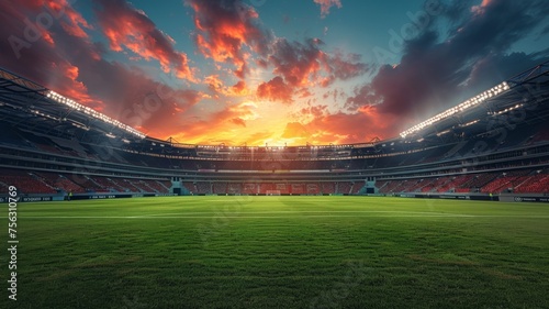 Sunny football field at sunset 