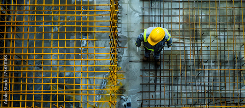 Engineering workers standing and observing a construction site, dressed in yellow hard hats and safety suits. Illustrating the concepts of construction planning and workplace safety.