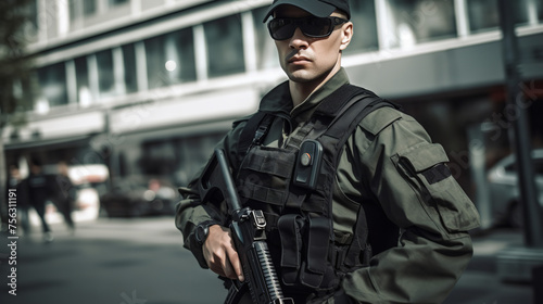 armed security guard patrolling in uniform