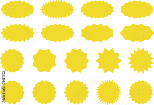 Starburst yellow sticker set, collection of special offer sale oval and round shaped sunburst labels and badges. Promo stickers and badges, seal, stamp, print with star edges. Vector.
