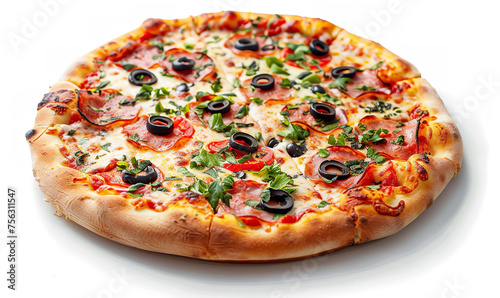 delicious aromatic varied pizza with green close-up on a white background