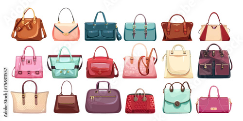 Set of women's fashion bags on white background.