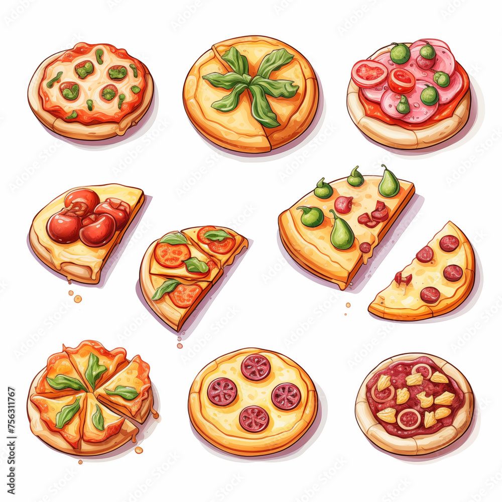 a collection of cute isometric icons on a white background, sliced pizza