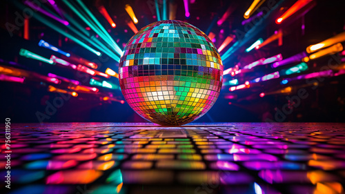 mirrored disco ball on dance floor with colored lights