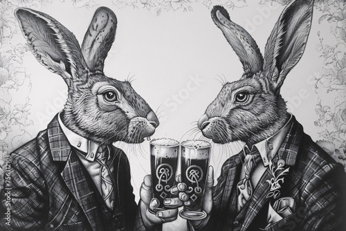 Bunny Boogie Two Bunnies Toasting with Beer Generative AI photo