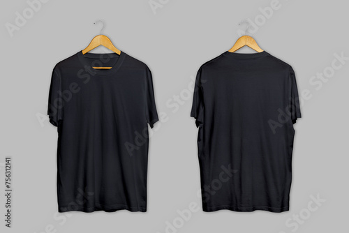 Black and white oversize hanging t-shirt mockup isolated on a grey background. unisex modern casual t-shirt front and back side. 3d rendering. 