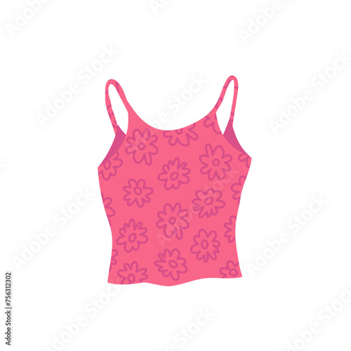 Cartoon Red Clothe Female Top Flowers Print Concept Flat Design Style Isolated on a White Background. Vector illustration
