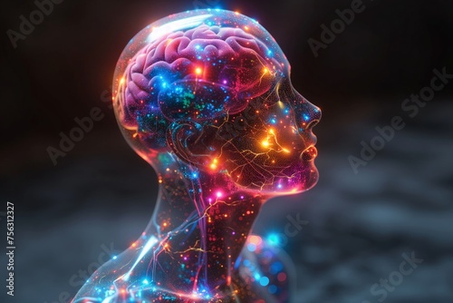 Artificial intelligence concept. Poster, wallpaper, Banner. Silhouette of woman with Human brain glowing, 3d rendering. Human mental health, Mental balance, psychedelic trip effect, illusion of mind