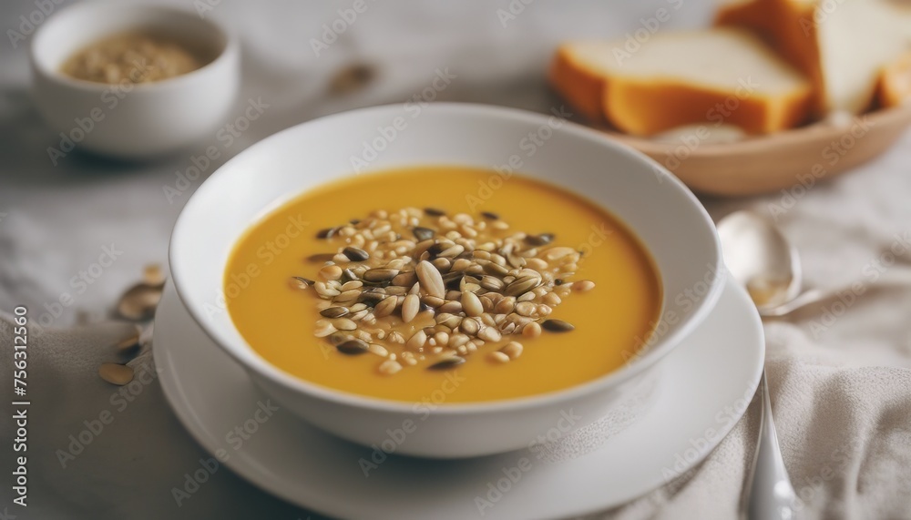 view of Pumpkin cream soup with seeds Healthy eating Vegetarian food Diet view of Pumpkin cream soup with seeds Healthy eating Vegetarian food Diet