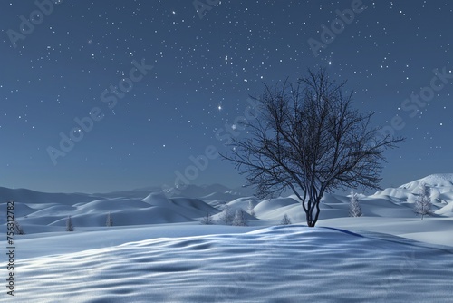 Snowy Night Sky A Wintery Nighttime Scene with a Tree and Mountains Generative AI