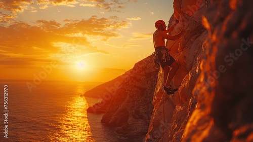 Man climbing Battert rock during sunset generated AI