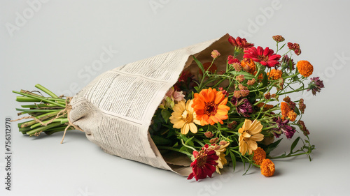 Bouquet of flowers wrapped in newspaper