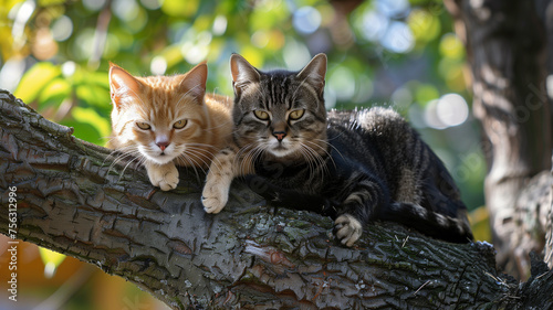 Two cats sitting on a tree branch
