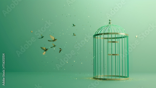 Green birdcage with birds flying