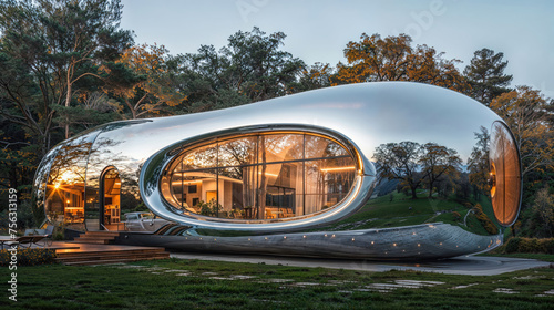 A visually striking capsule house stands in contrast to lush parkland, illuminated by the evening light