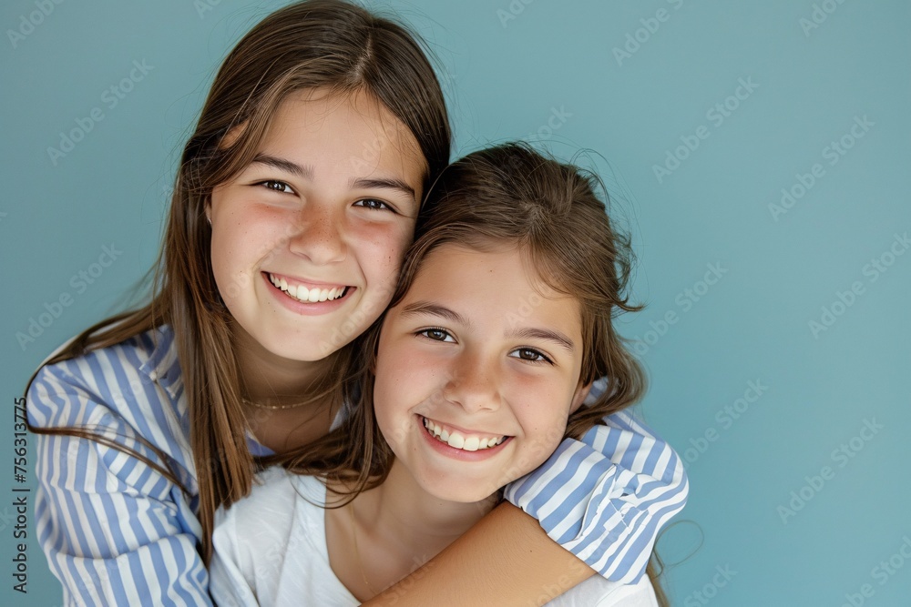 Smiling Sisters Embrace in Striped Shirts Generative AI Smiling Sisters Embrace in Striped Shirts Generative AI