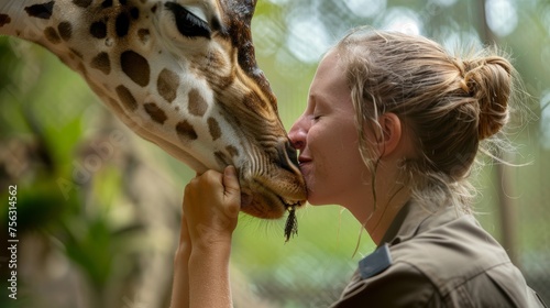 Child with giraffe in natural safari park, both tall, brown, with similar patterns on their skin, portraying a gentle bond between human and animal © Suradet Rakha