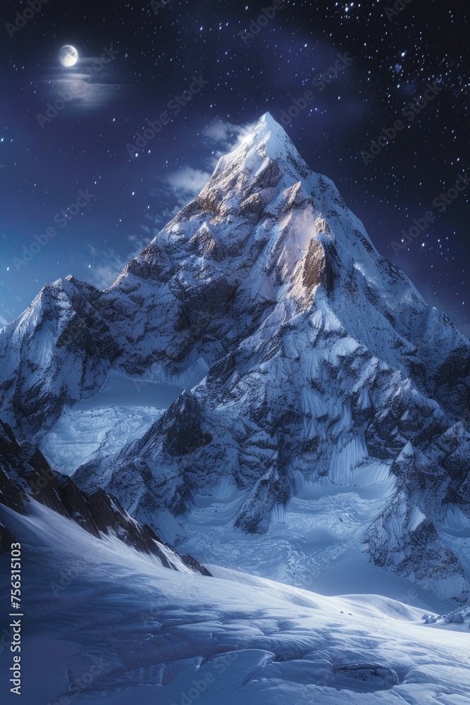 Snow-capped mountain peak illuminated by moonlight, surrounded by serene snowy landscape, in photorealistic style 🏔️🌕❄️