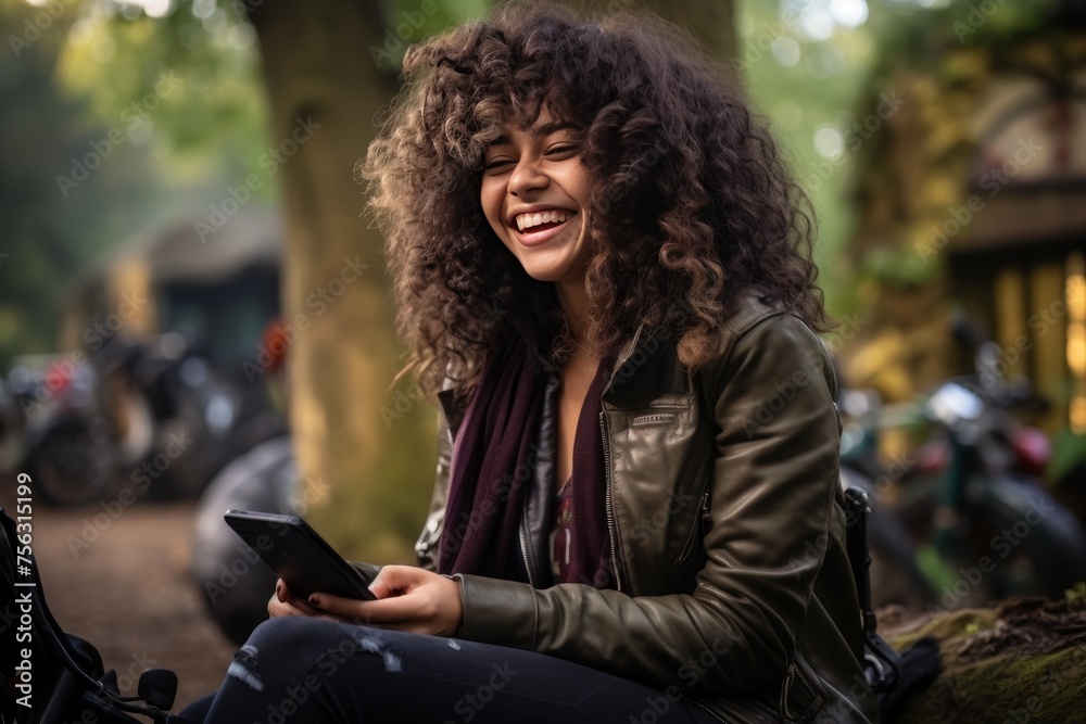 Obraz premium A girl on the street holds a mobile phone in her hands and laughs joyfully.