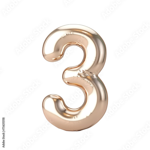 3d Royal Gold number "3" letter floating over a white background PNG