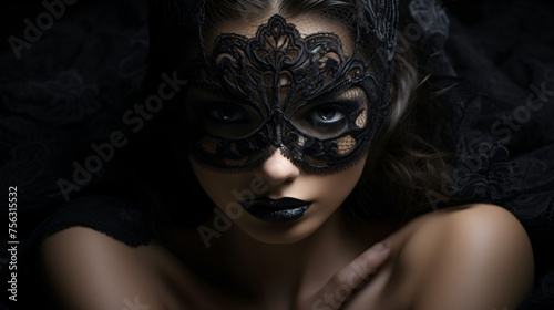 Beautiful Woman with Black Lace mask over her Eyes