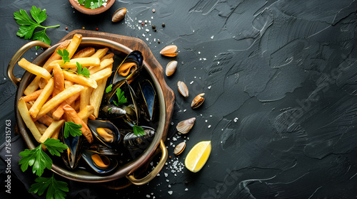  Plate of steamed mussels with lemon and parsley on a rustic wooden table. Mussels in tomato sauce with parsley and bread on wooden background generative ai