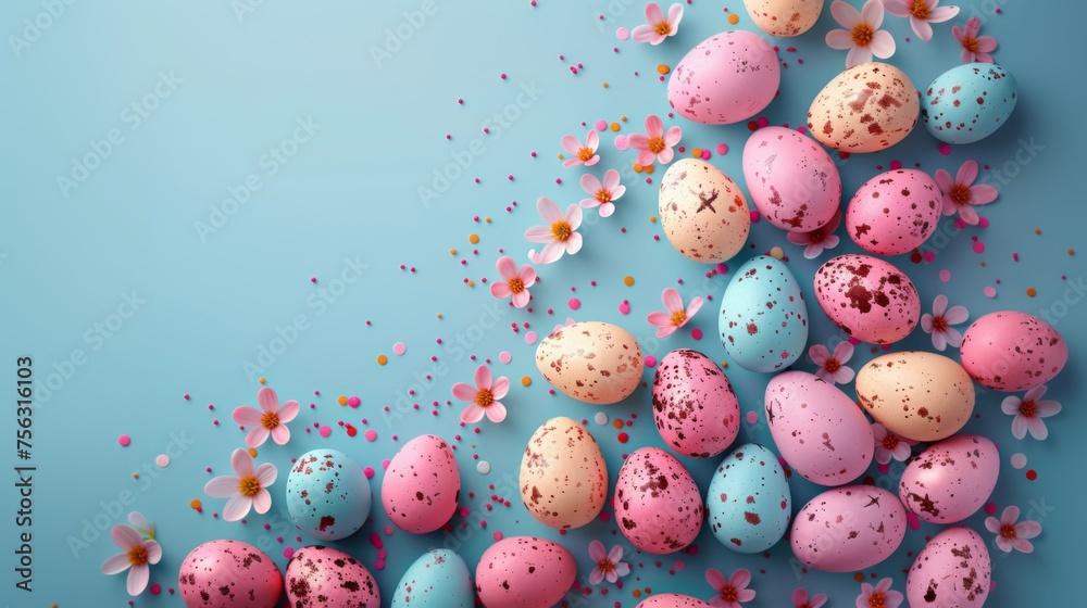 Easter decoration colorful eggs on blue background with copy space. Beautiful colorful easter eggs. Happy Easter. Isolated.	