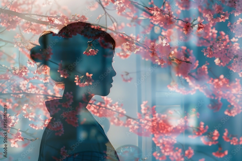Fototapeta premium Vibrant cherry blossoms and urban architecture merge with a woman's profile in this creative double exposure portrait.
