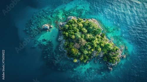 An aerial shot captures a secluded tropical island enveloped by crystal clear waters  underscoring the serene natural beauty.