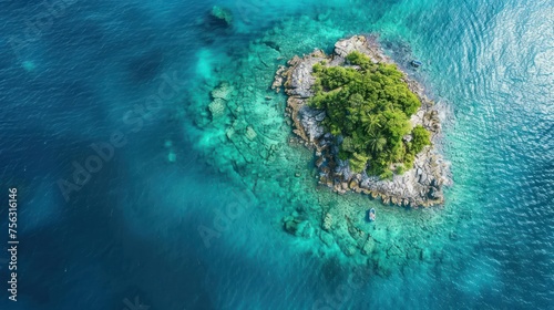 Highlighting the serenity and natural beauty, an aerial view showcases a secluded tropical island amidst crystal clear waters.